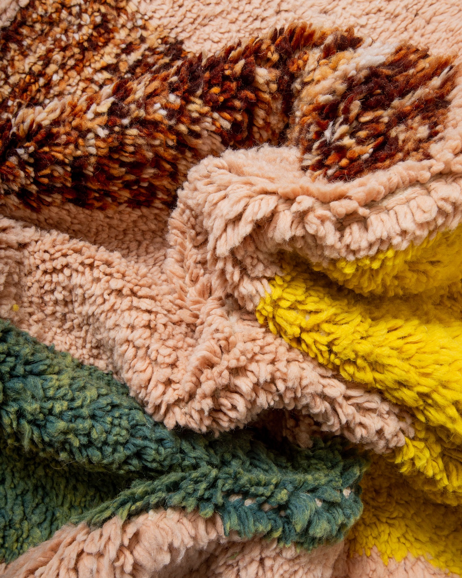 Modern, designer, handcrafted Berber rug from Morocco. Beniourain carpet with beautiful colours and patterns and fluffy wool texture.